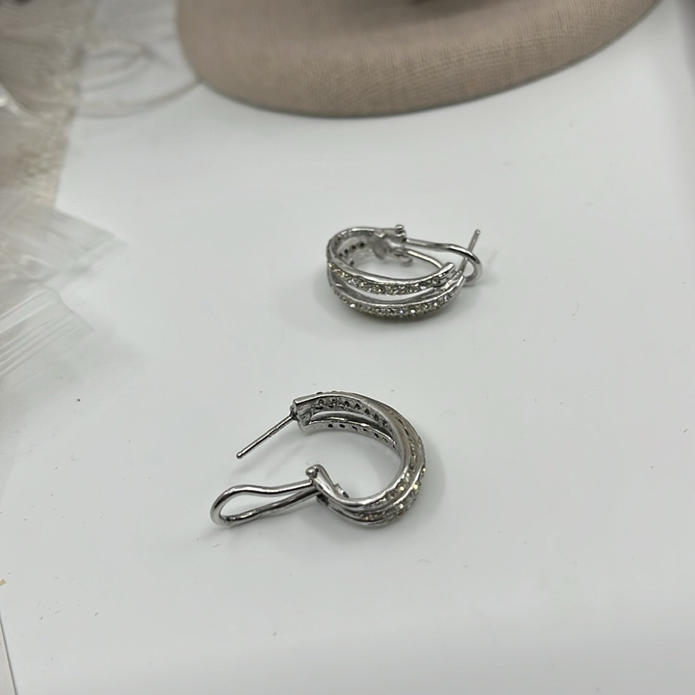 ✨ 925 Sterling Silver Double Row CZ Hoop Earrings - 5.1g - Picture 7 of 12